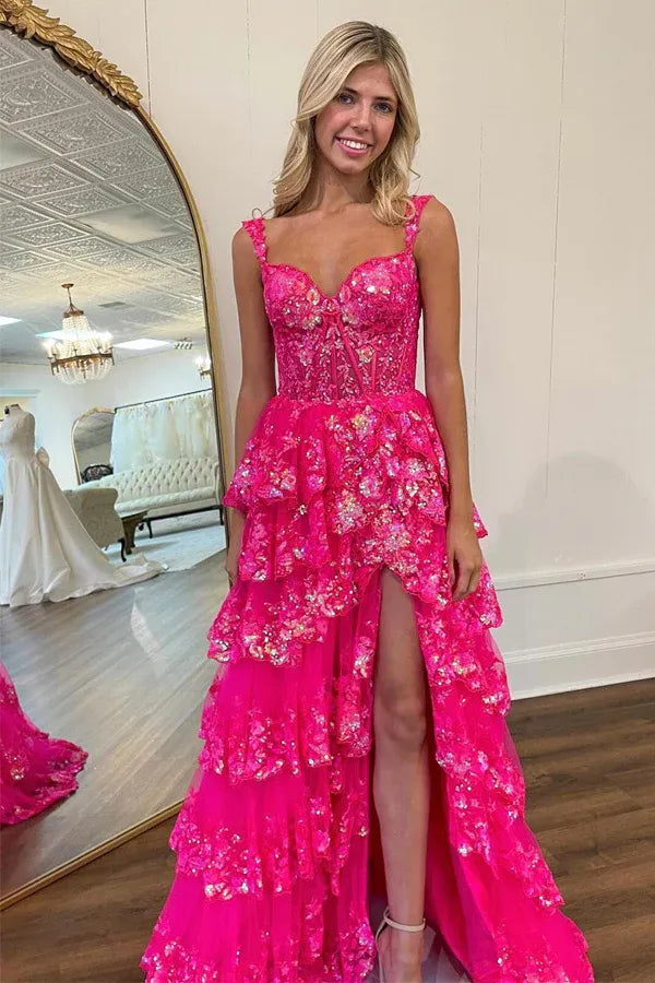 Hot Pink Sweetheart Corset Tiered Ruffle High Slit Sequin Tulle Prom Dress