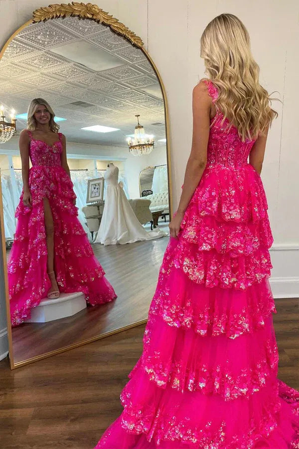 Hot Pink Sweetheart Corset Tiered Ruffle High Slit Sequin Tulle Prom Dress