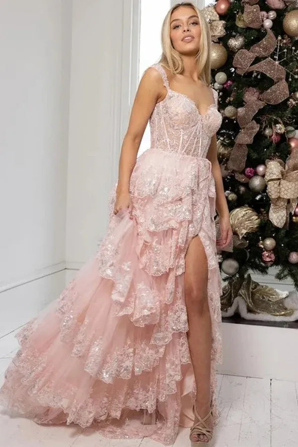 Hot Pink Sweetheart Corset Tiered Ruffle High Slit Sequin Tulle Prom Dress