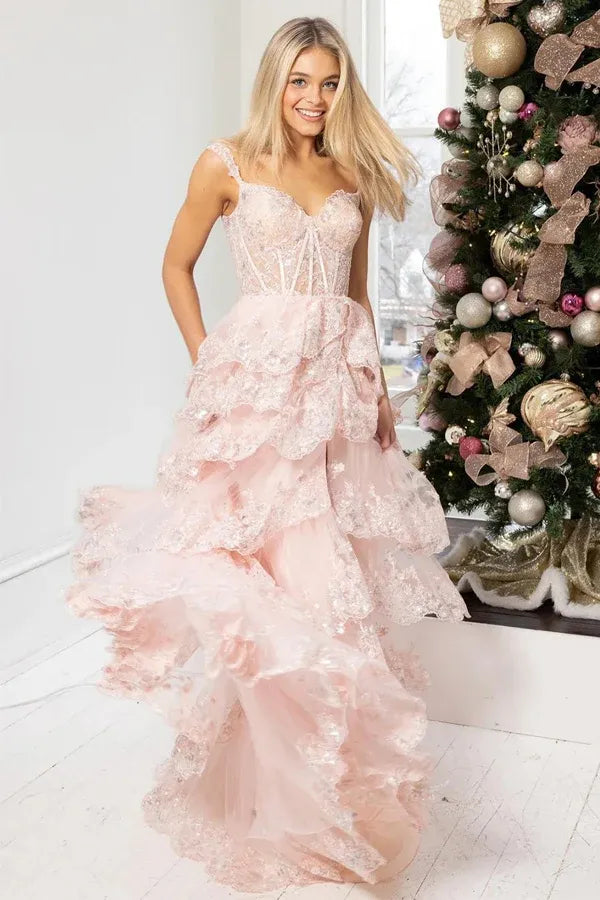 Hot Pink Sweetheart Corset Tiered Ruffle High Slit Sequin Tulle Prom Dress