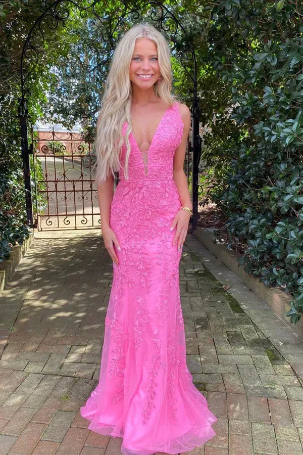 Hot Pink Deep V Neck Lace Applique Open Back Mermaid Tulle Prom Dress
