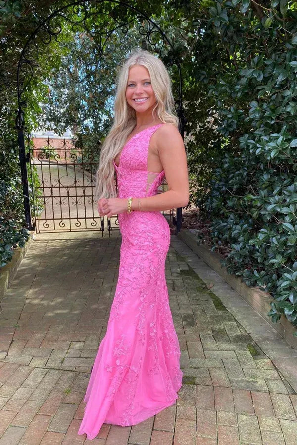 Hot Pink Deep V Neck Lace Applique Open Back Mermaid Tulle Prom Dress