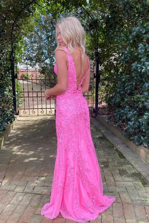 Hot Pink Deep V Neck Lace Applique Open Back Mermaid Tulle Prom Dress