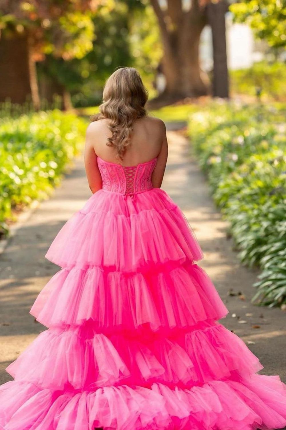 Weitese Hot Pin High-Low Sweetheart Sweep Train Ruffle Tulle Prom Dress