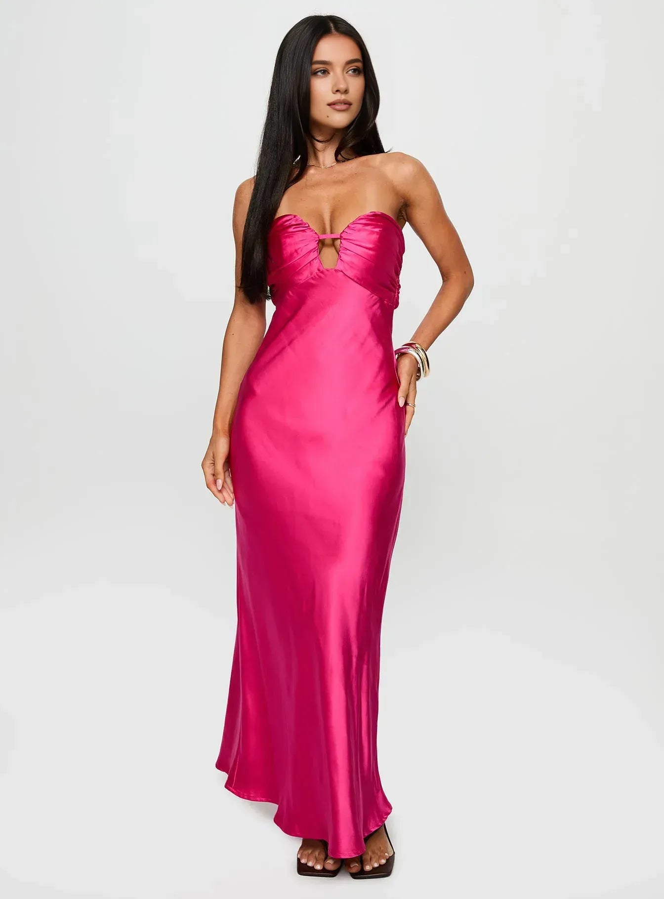 Satin Strapless Cutout Maxi Dress Chic Sleeveless Column Zipper Up Prom Dresses