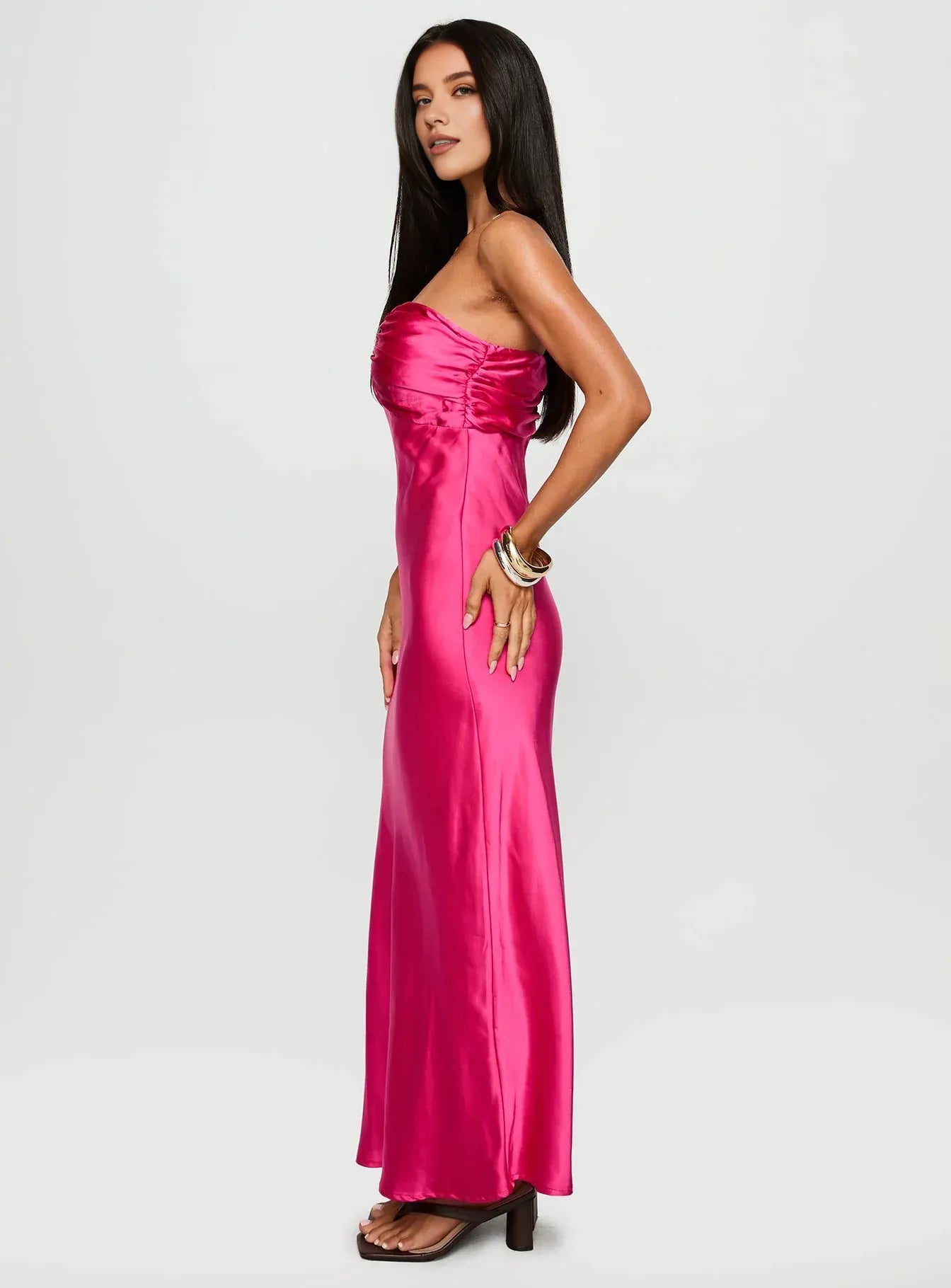Satin Strapless Cutout Maxi Dress Chic Sleeveless Column Zipper Up Prom Dresses