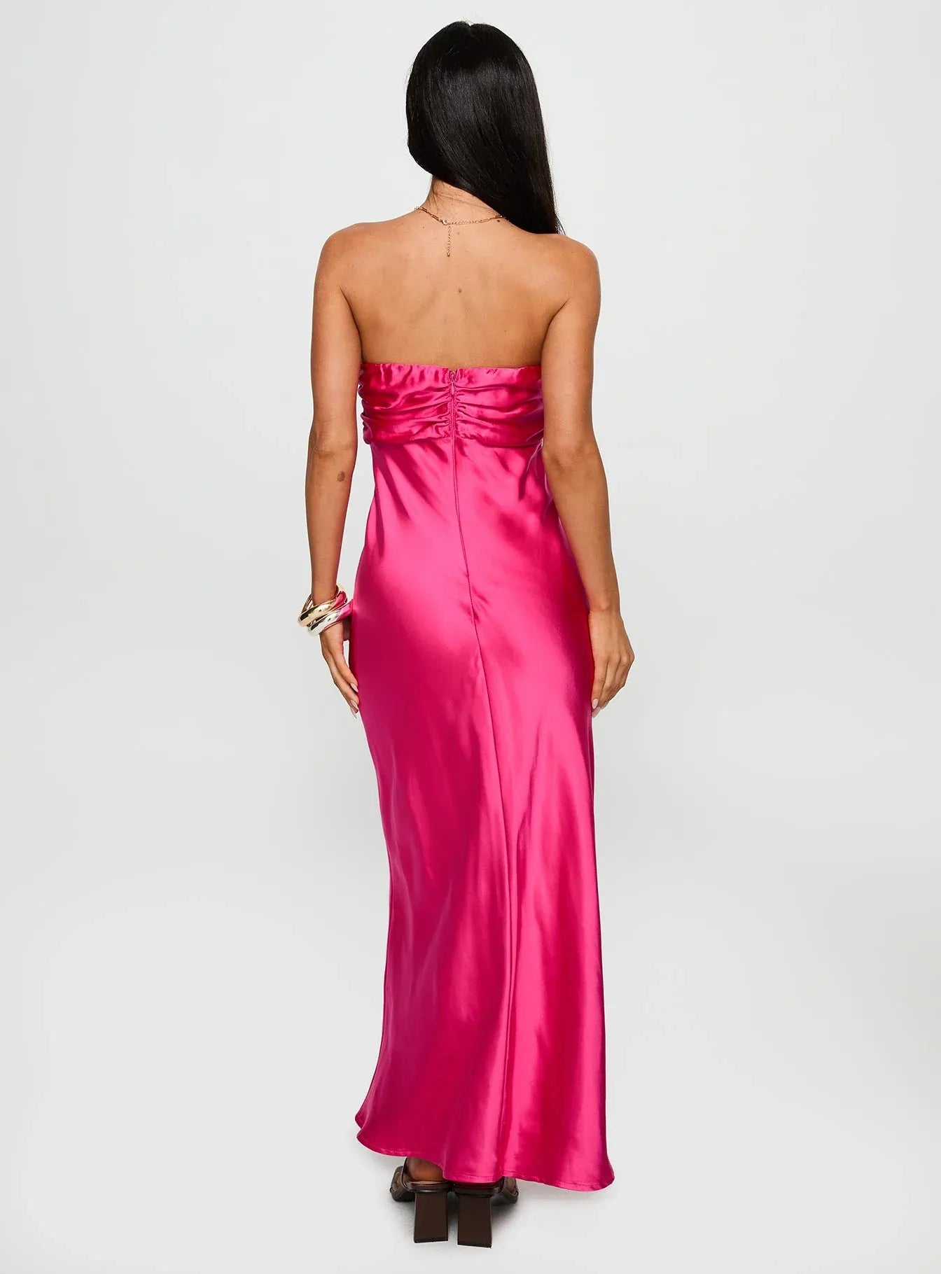 Satin Strapless Cutout Maxi Dress Chic Sleeveless Column Zipper Up Prom Dresses