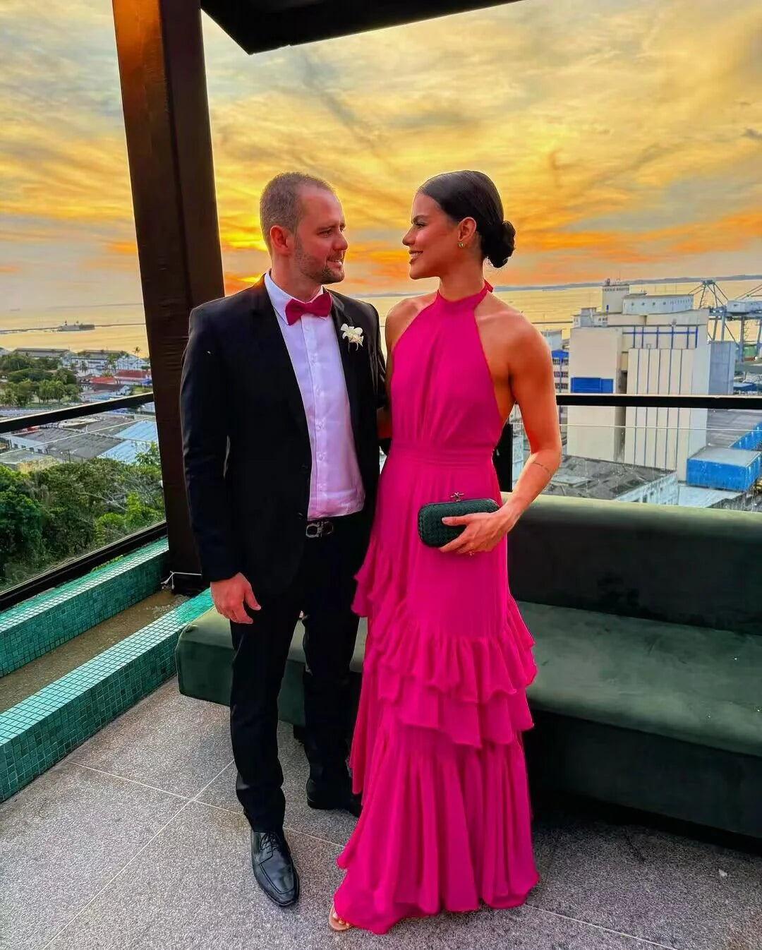 Weitese Formal Women's Dresses Halter Hot Pink A Line Ruffled Long Prom Dress Prom Dresses Stores