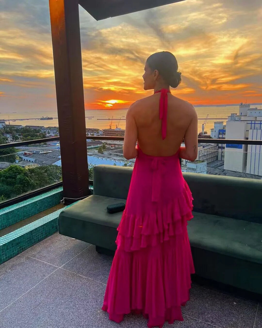 Weitese Formal Women's Dresses Halter Hot Pink A Line Ruffled Long Prom Dress Prom Dresses Stores