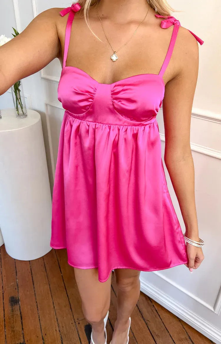 Hot Pink Satin Mini Dress Regular Straps Graduation Party Dresses Backless Sleeveless Homecoming Dresses Elegant A-Line Cocktail Dresses