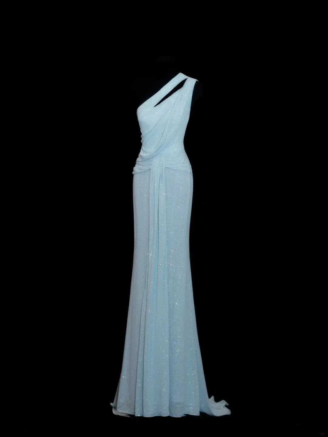 Icy blue shimmer mermaid evening gown with one shoulder cutout, front view.