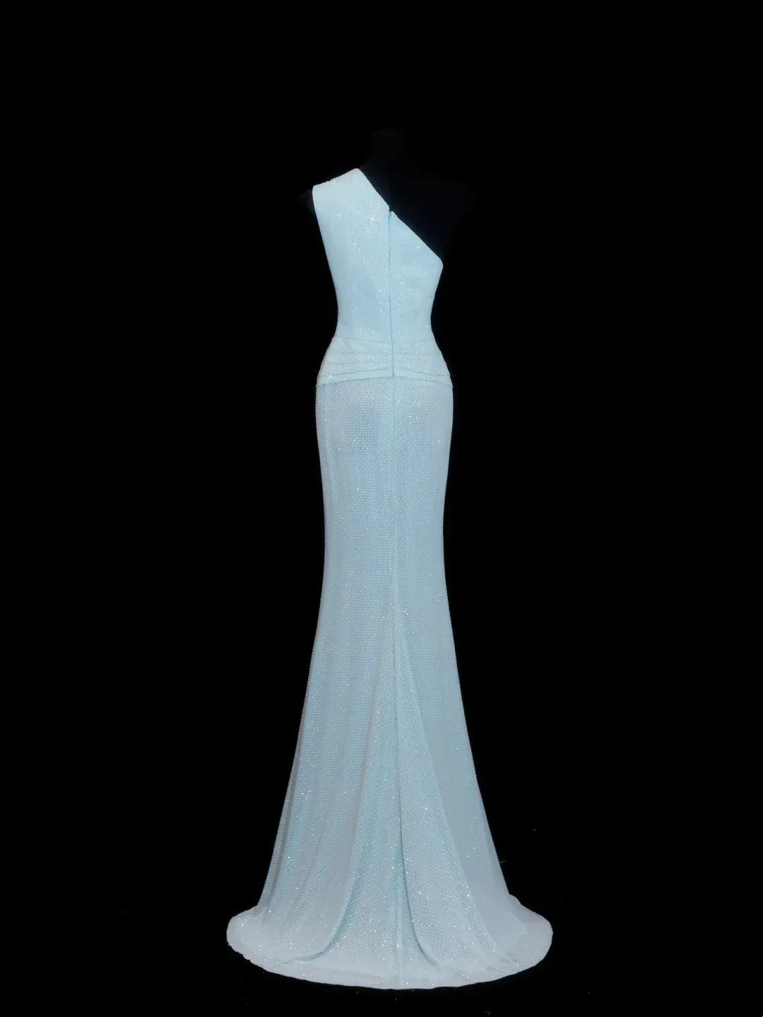 Back view of the icy blue shimmer mermaid gown, showing zip closure and floor-length train.