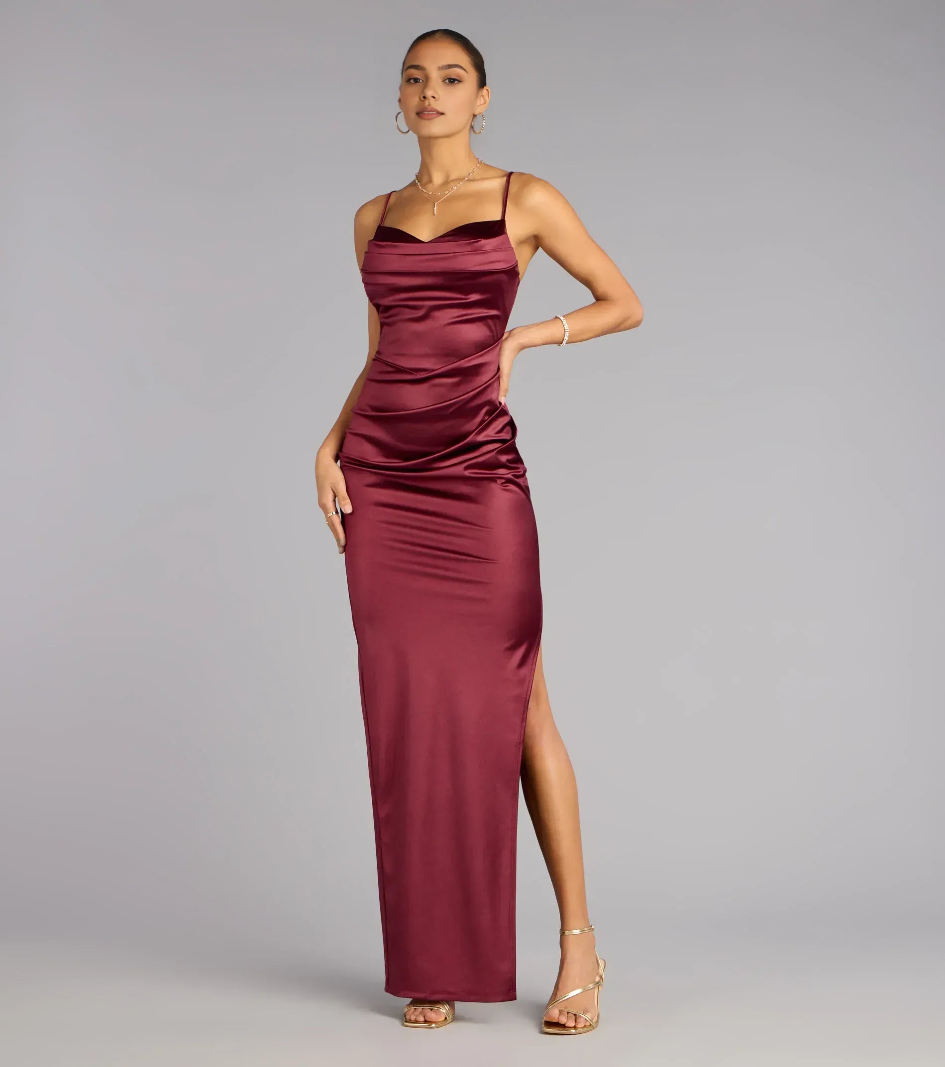 Inexpensive Column Cowl Neck Sleeveless Satin Floor-Length Prom Dress