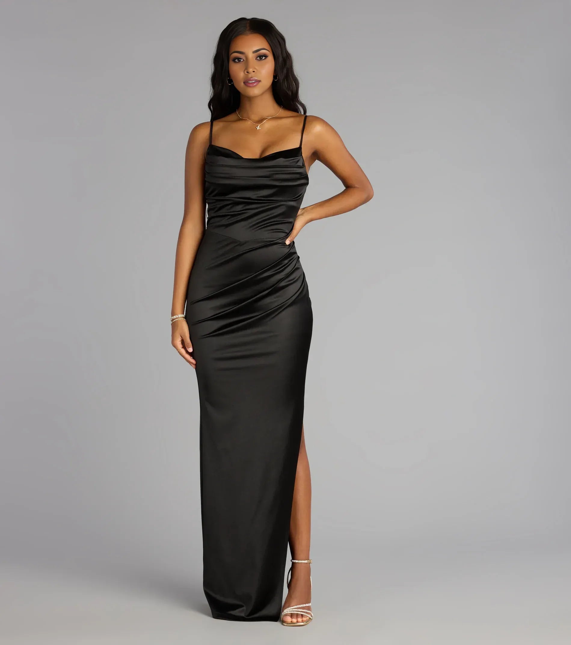 Inexpensive Column Cowl Neck Sleeveless Satin Floor-Length Prom Dress