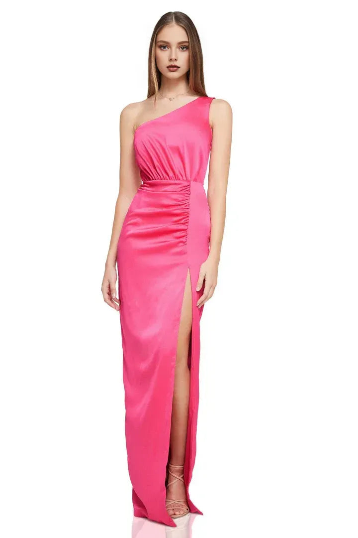 Inexpensive Sheath/Column One Shoulder Sleeveless Satin Floor-Length Prom Dress
