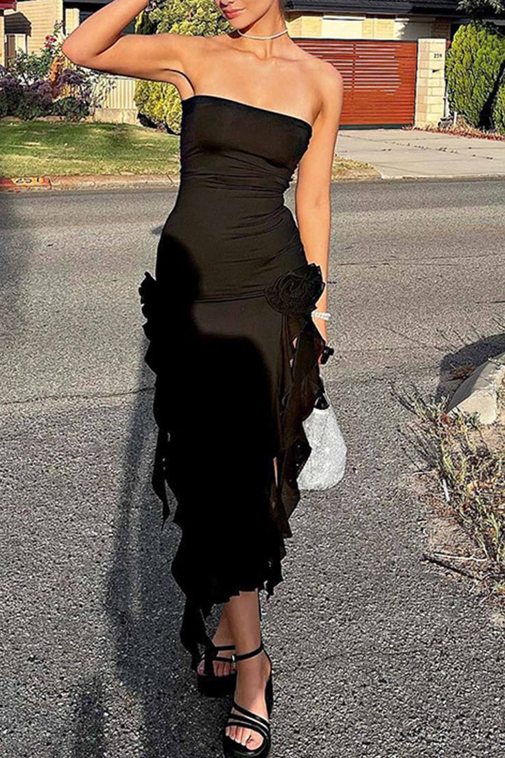 Irregular Ruffle Sexy Sheath Strapless Long Black Slit Floral Prom Dresses
