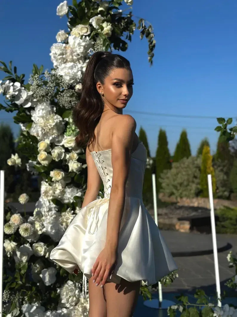 Ivory Strapless Corset Satin Bubble Skirt Short Wedding Homecoming Dress