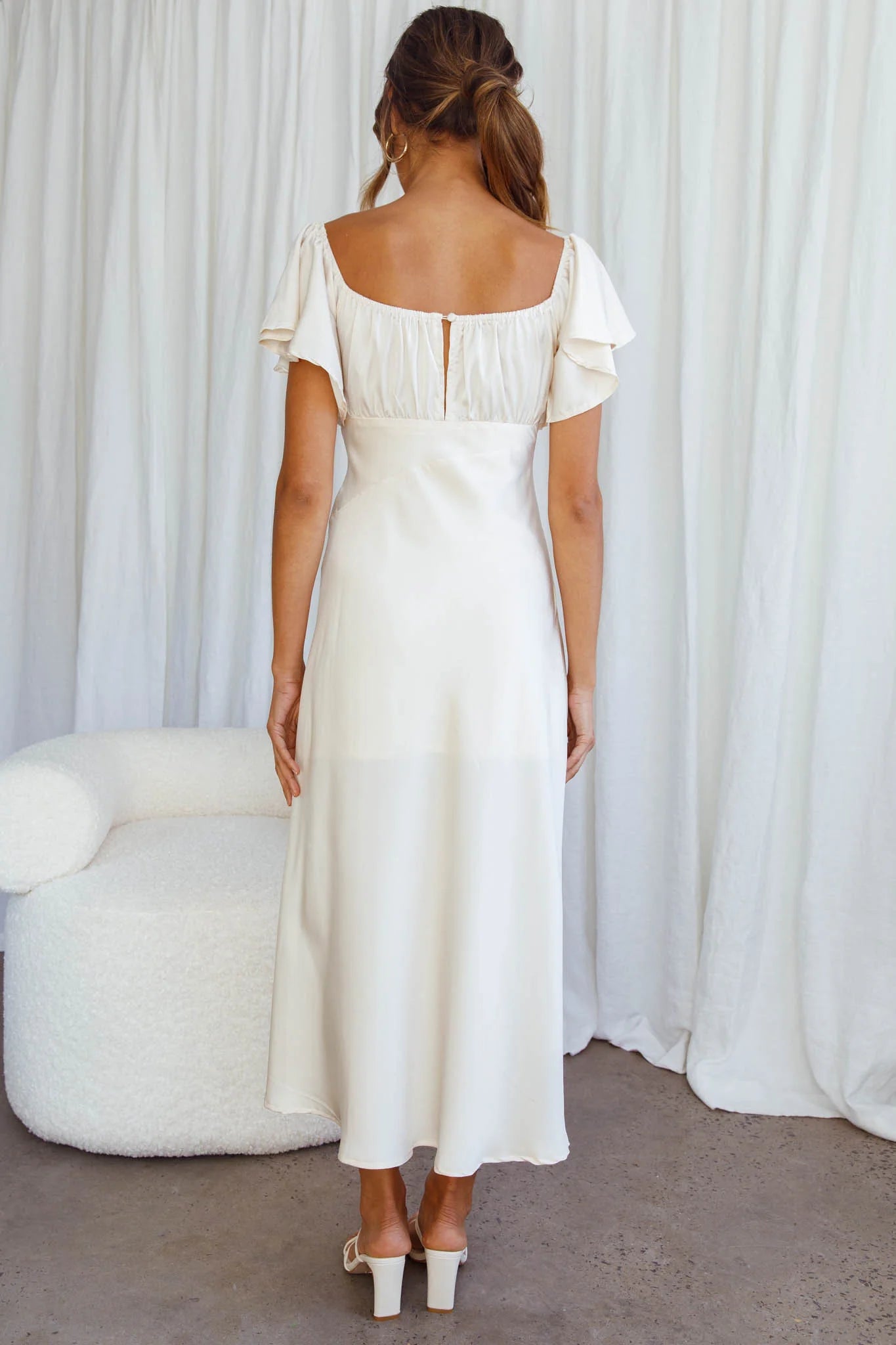 Weitese Dress Stylish Peach Satin Midi Dress Sweetheart Neck Flutter Sleeves And Side Slit Design Prom Dress