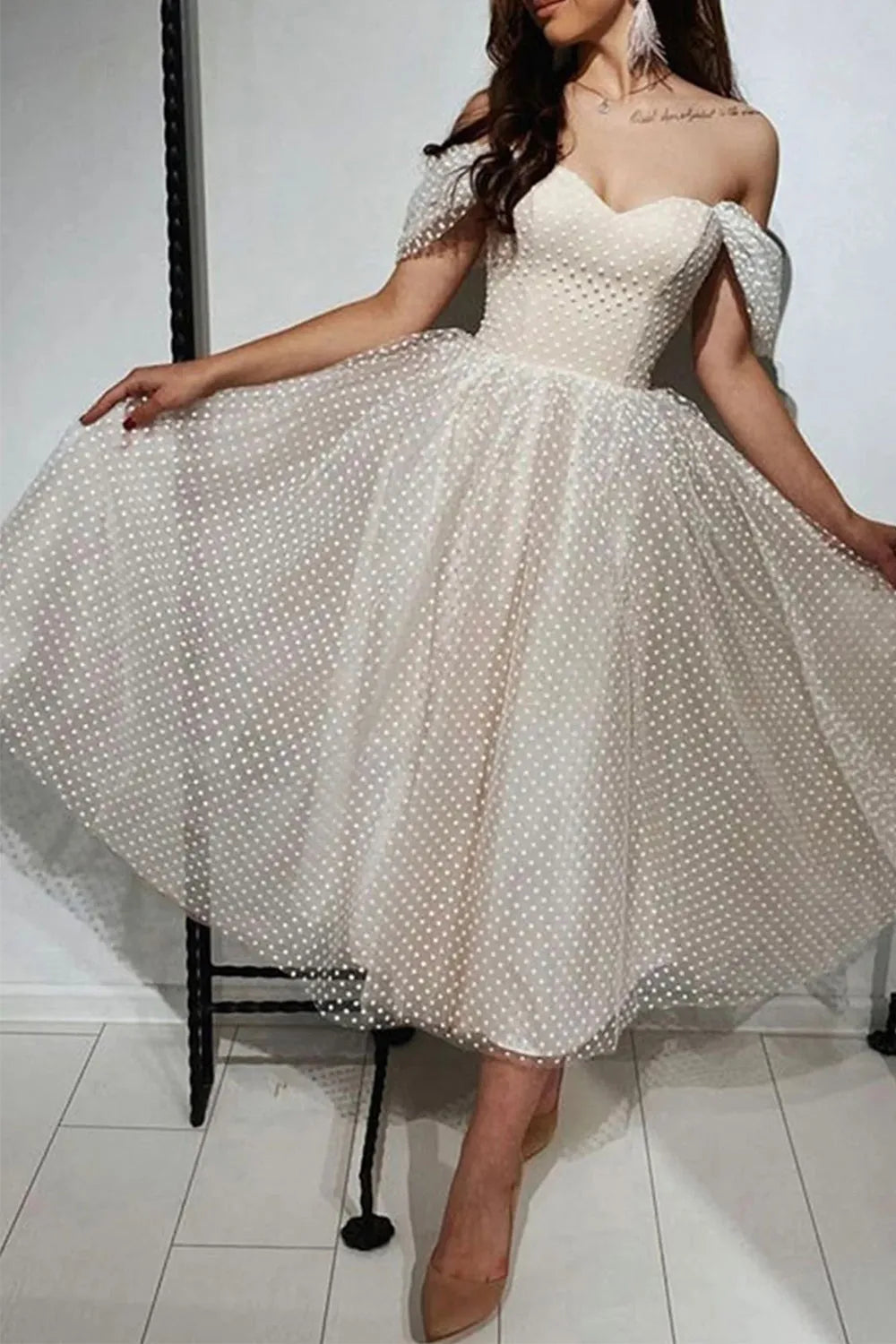 Weitese Prom Dress Store Princess A Line Off the Shoulder Ivory Tea Length Homecoming Dress Prom Dress Formal Women's Dresses
