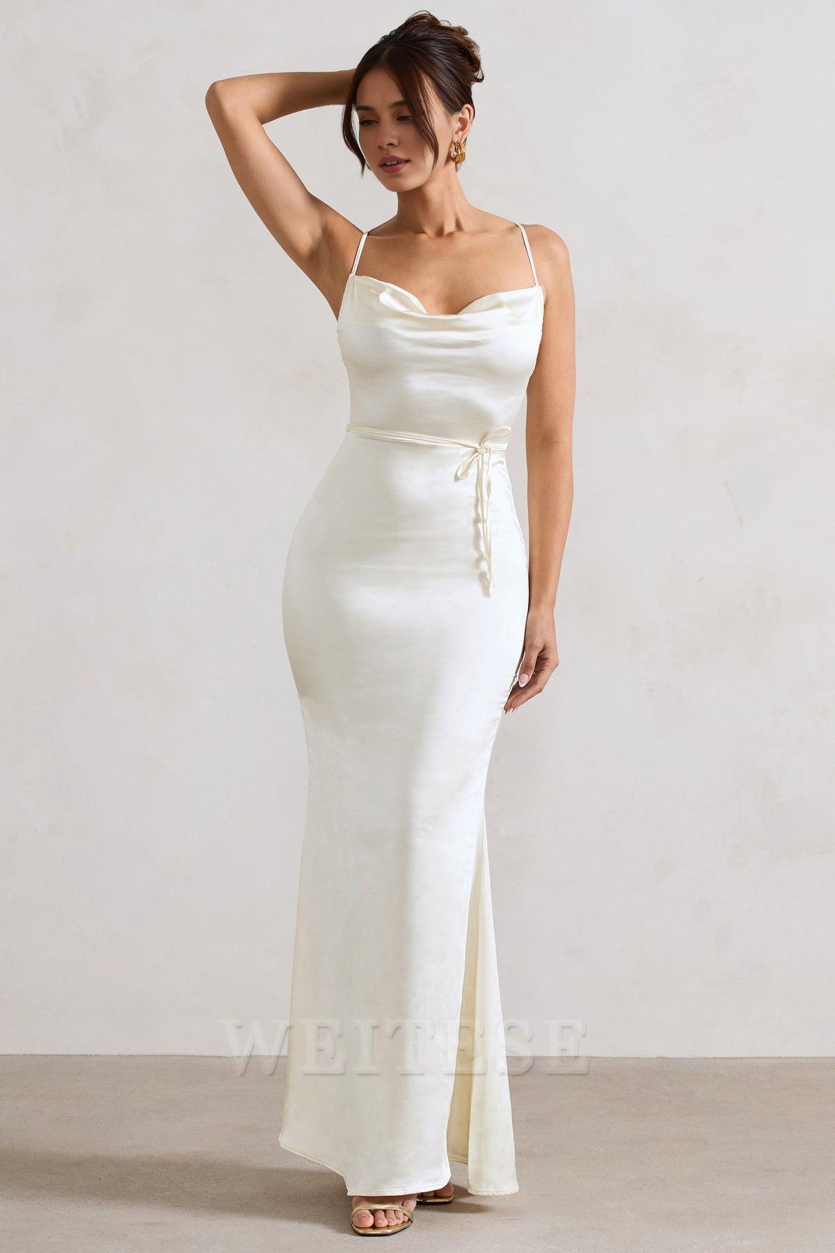 Robe longue en satin bleu marine à col bénitier, robe de bal avec dos croisé, robe de demoiselle d'honneur longue au sol 