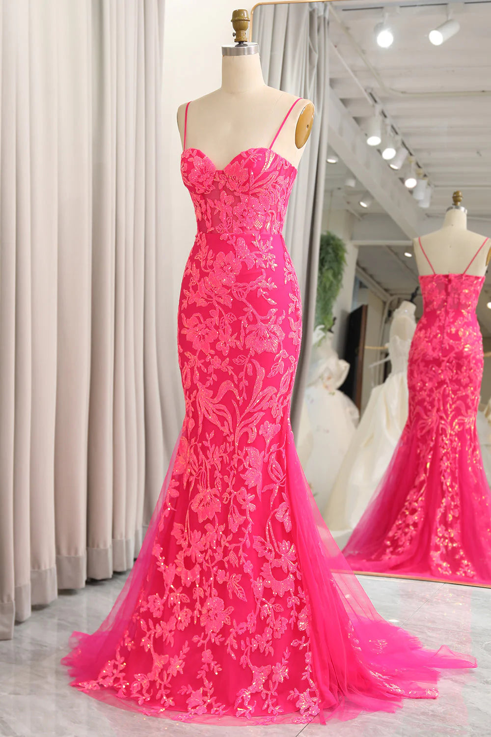 Fuchsia Mermaid Spaghetti Straps Sequins Corset Prom Dress With Appliques