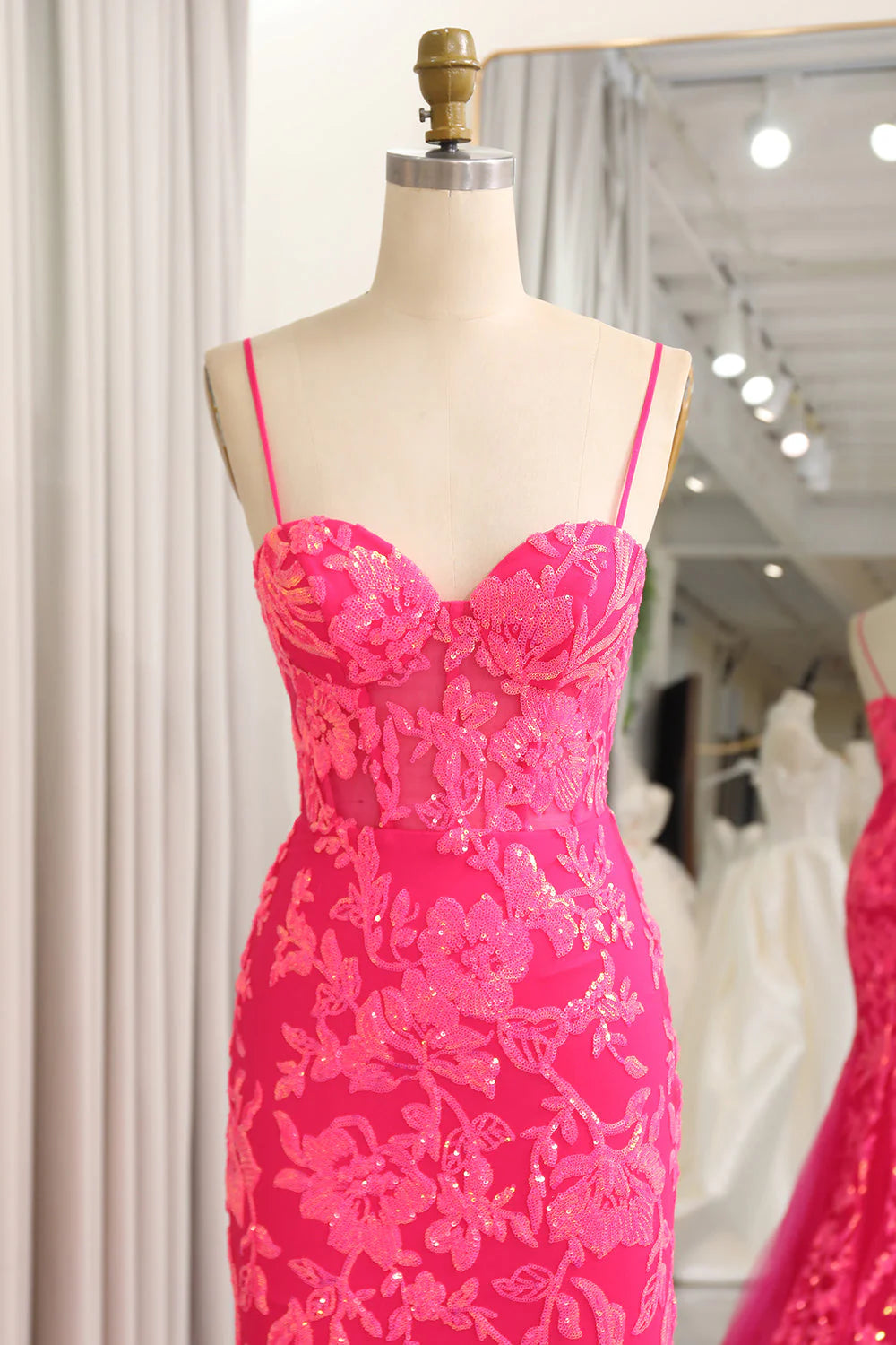 Fuchsia Mermaid Spaghetti Straps Sequins Corset Prom Dress With Appliques