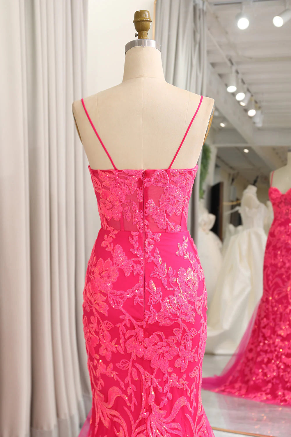 Fuchsia Mermaid Spaghetti Straps Sequins Corset Prom Dress With Appliques