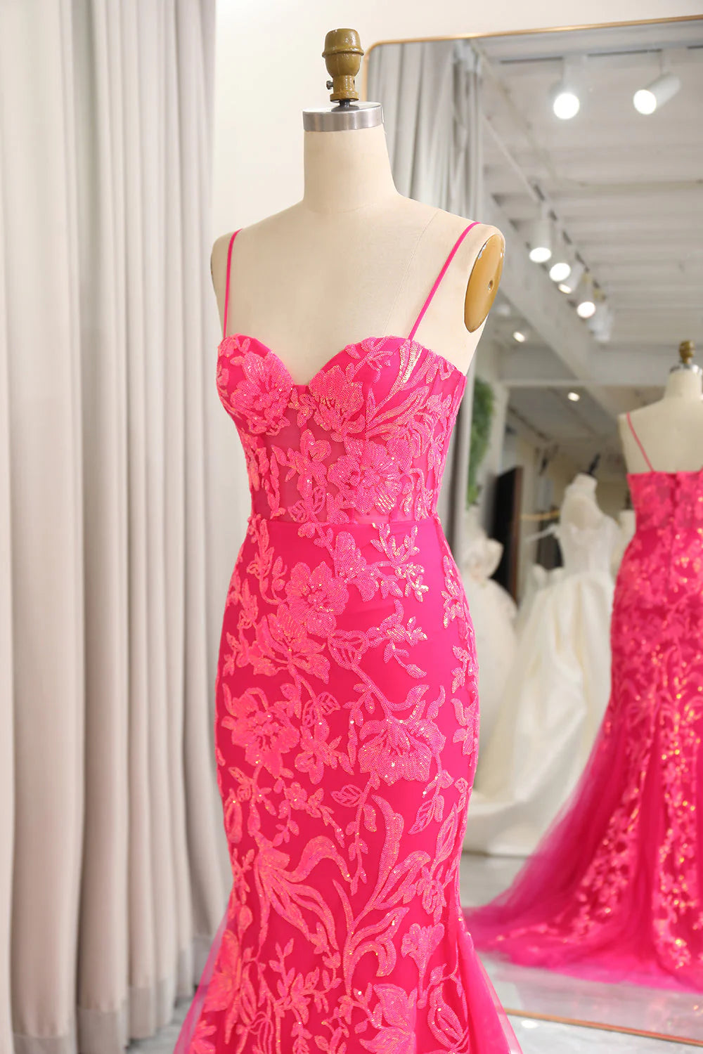 Fuchsia Mermaid Spaghetti Straps Sequins Corset Prom Dress With Appliques