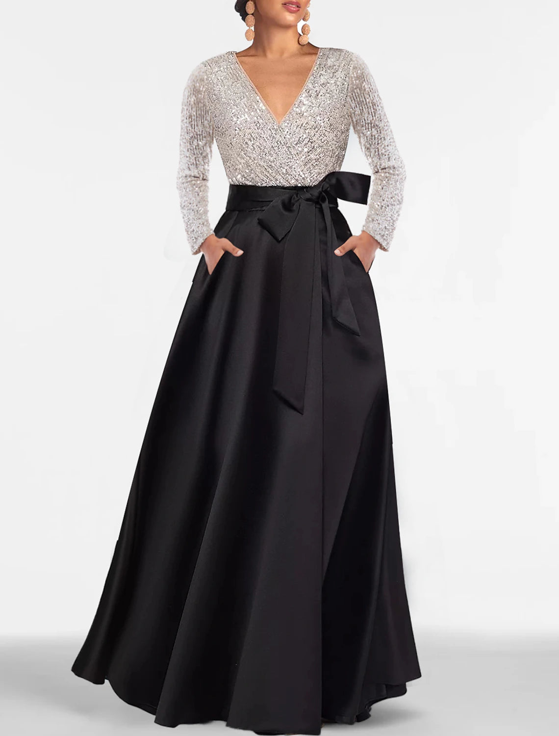 Weitese A-Line Evening Gown Elegant Dress Formal Floor Length Long Sleeve V Neck Fall Wedding Guest Satin with Sequin Pocket