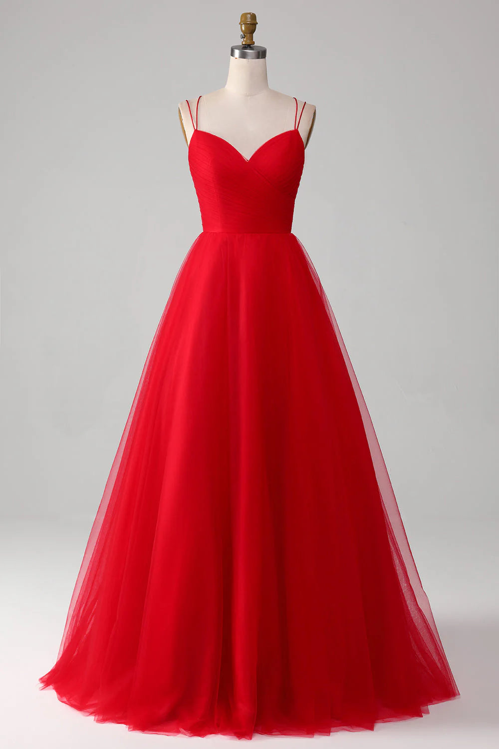 Robe de bal/princesse longue rouge plissée en tulle à col en V