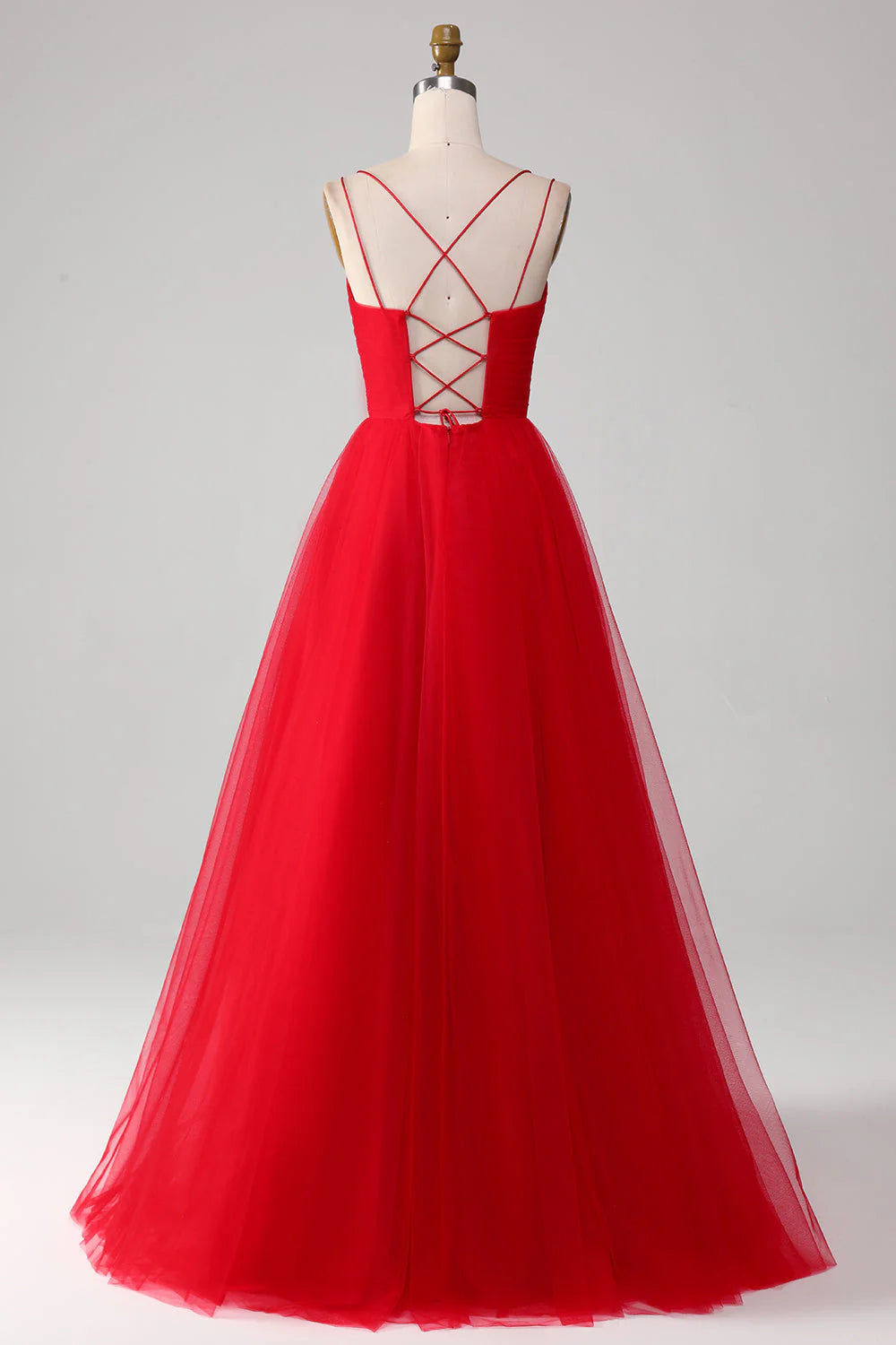 Robe de bal/princesse longue rouge plissée en tulle à col en V