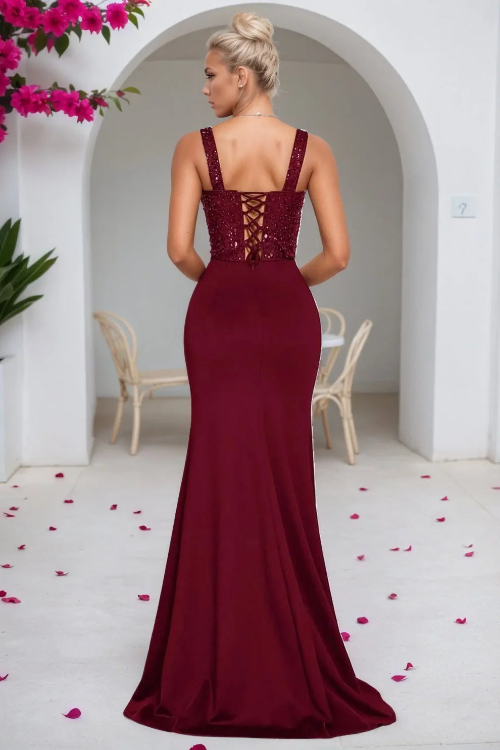 Burgundy Sequin & Crepe Sheath Sweetheart Lace-Up Back Floor-Length Dress