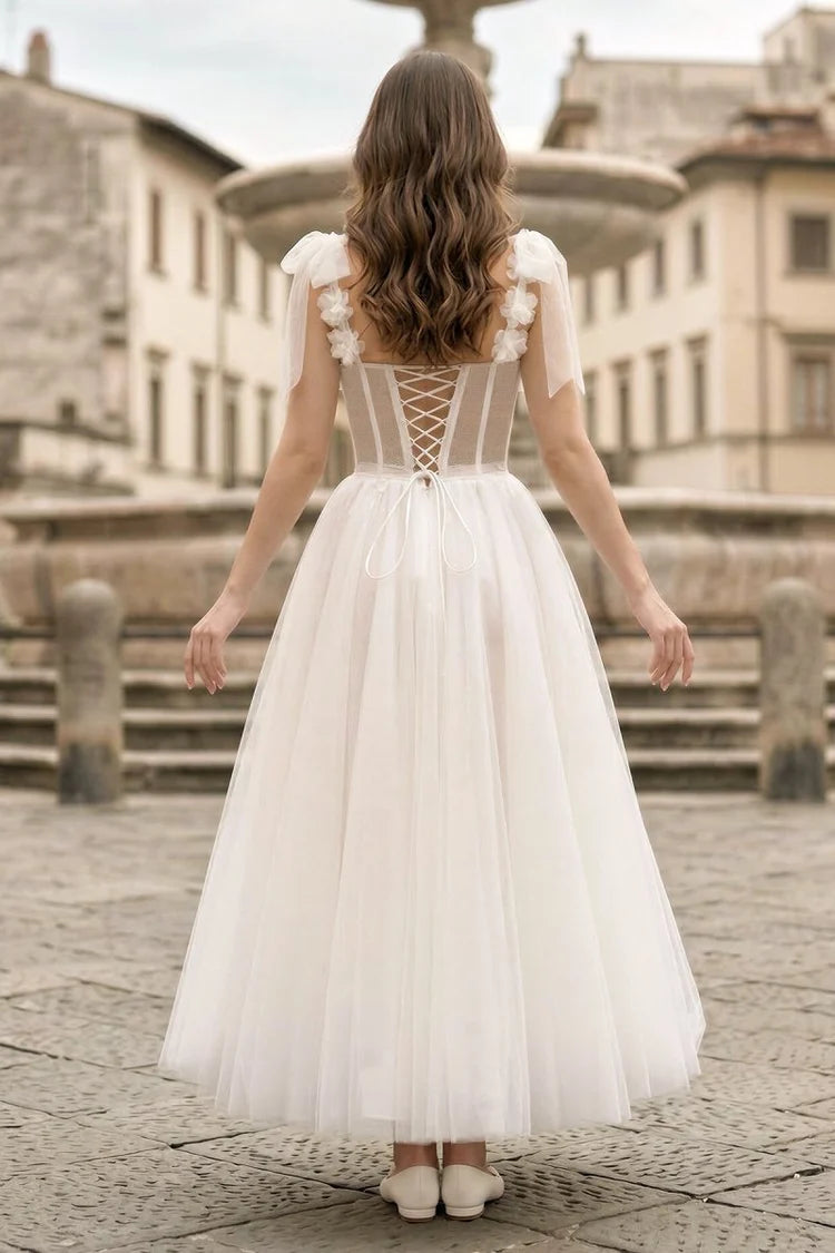 Ivory Tulle A-Line Sweetheart Lace-Up Back Tea-Length Dress