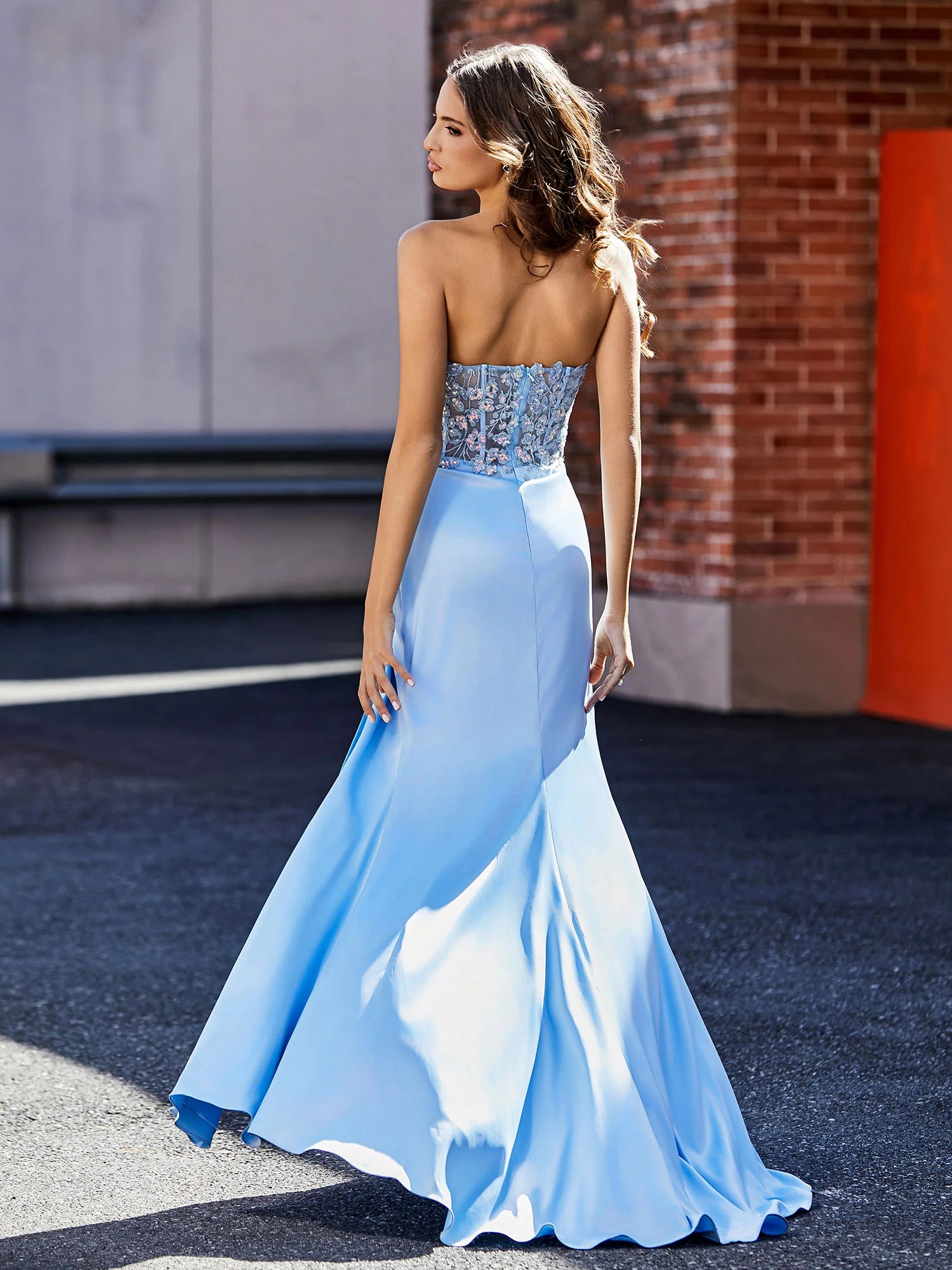 Sky Blue Satin and Lace Sheath Sweetheart Open Back Floor-Length Dress