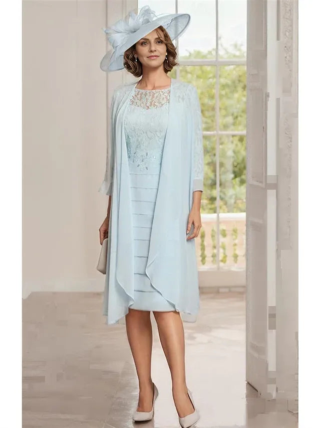 Formal Women's Dresses Two Piece Sheath/Column Knee-Length Jewel Neck Mother of the Bride Dress with Jacket Prom Dresses Stores