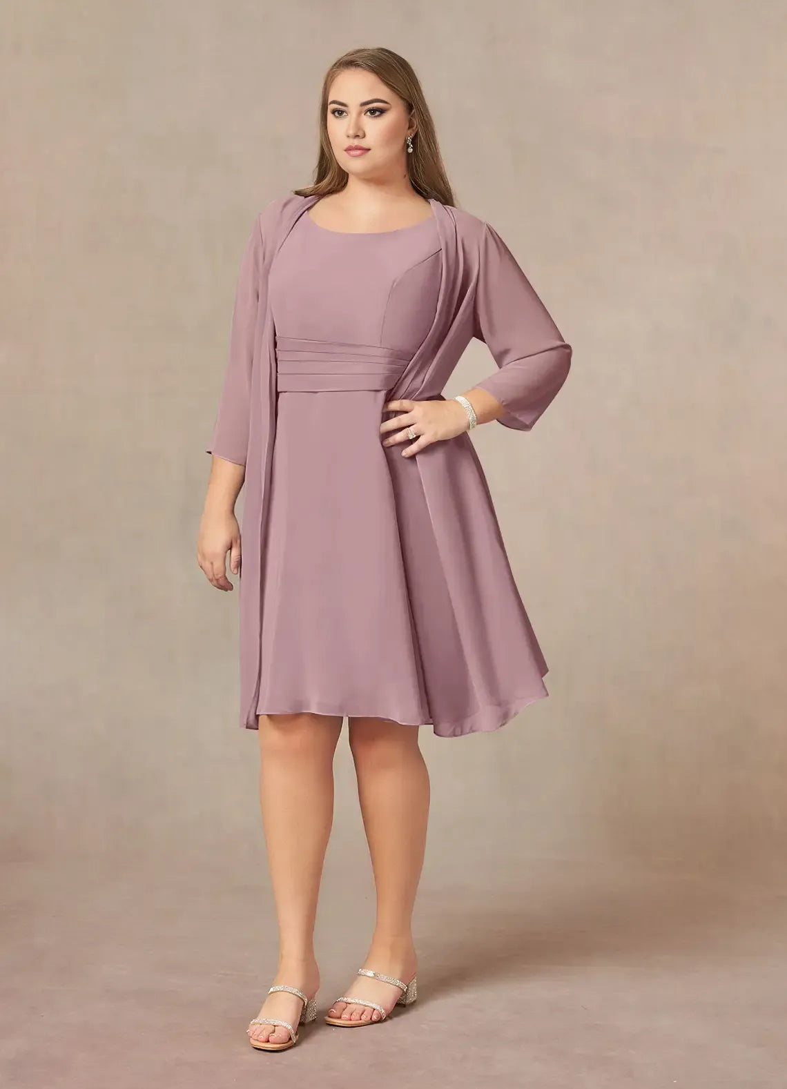 Robe Weitese Rose poudré, coupe trapèze, en mousseline plissée, longueur genou, manches trois-quarts, col rond, fermeture éclair au dos, deux pièces, grande taille, pour mère de la mariée 