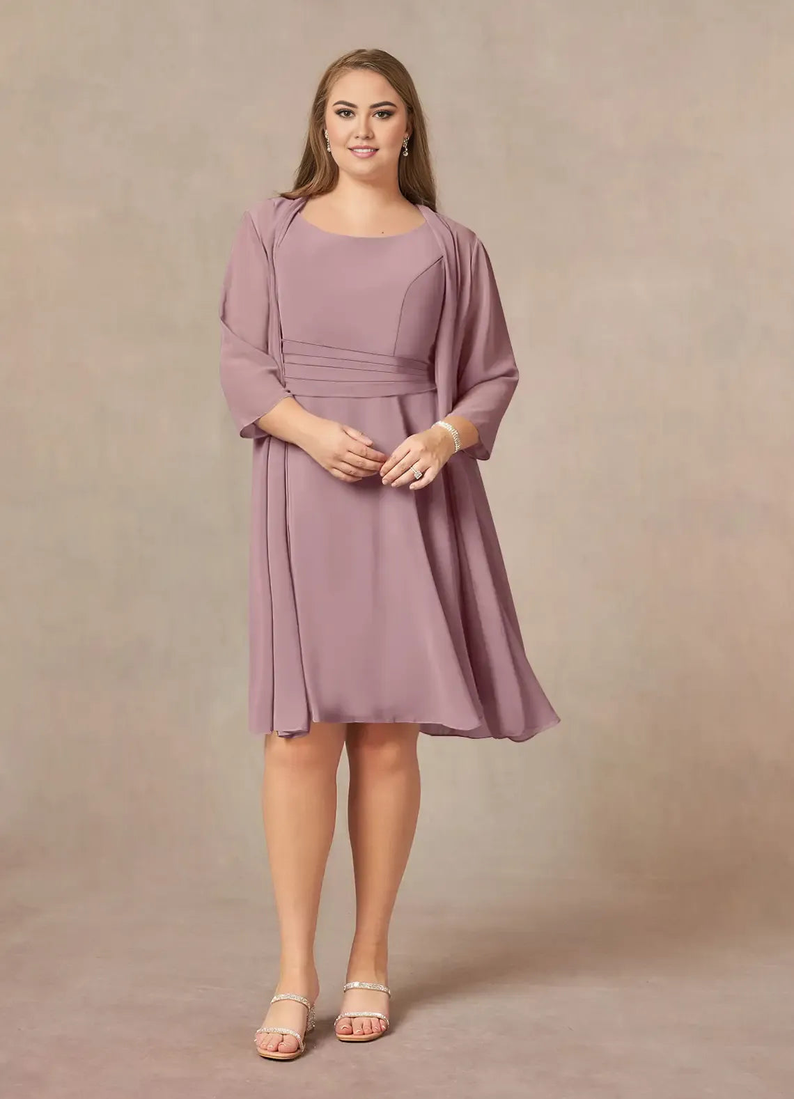 Robe Weitese Rose poudré, coupe trapèze, en mousseline plissée, longueur genou, manches trois-quarts, col rond, fermeture éclair au dos, deux pièces, grande taille, pour mère de la mariée 