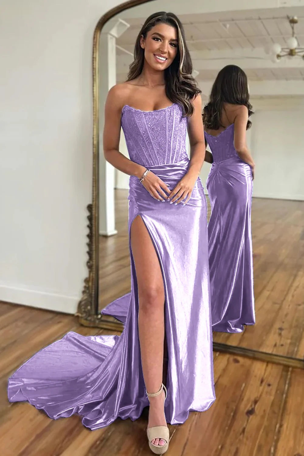 Robe de bal sexy sans manches, épaules dénudées, bustier, longue traîne et fente