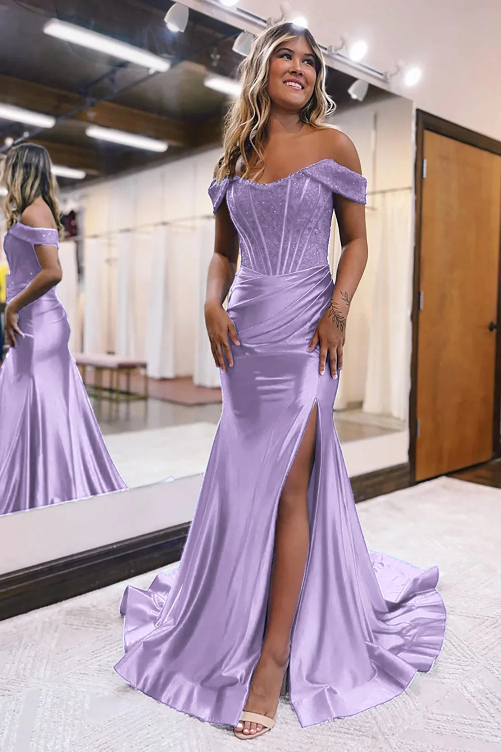 Mermaid Off The Shoulder Court Train Long Dress With Split