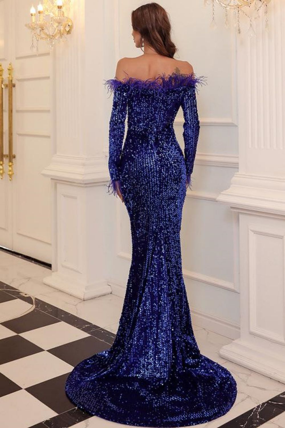 Weitese Mermaid Sweep Train Of The Shoulder Prom Dress With Sequins