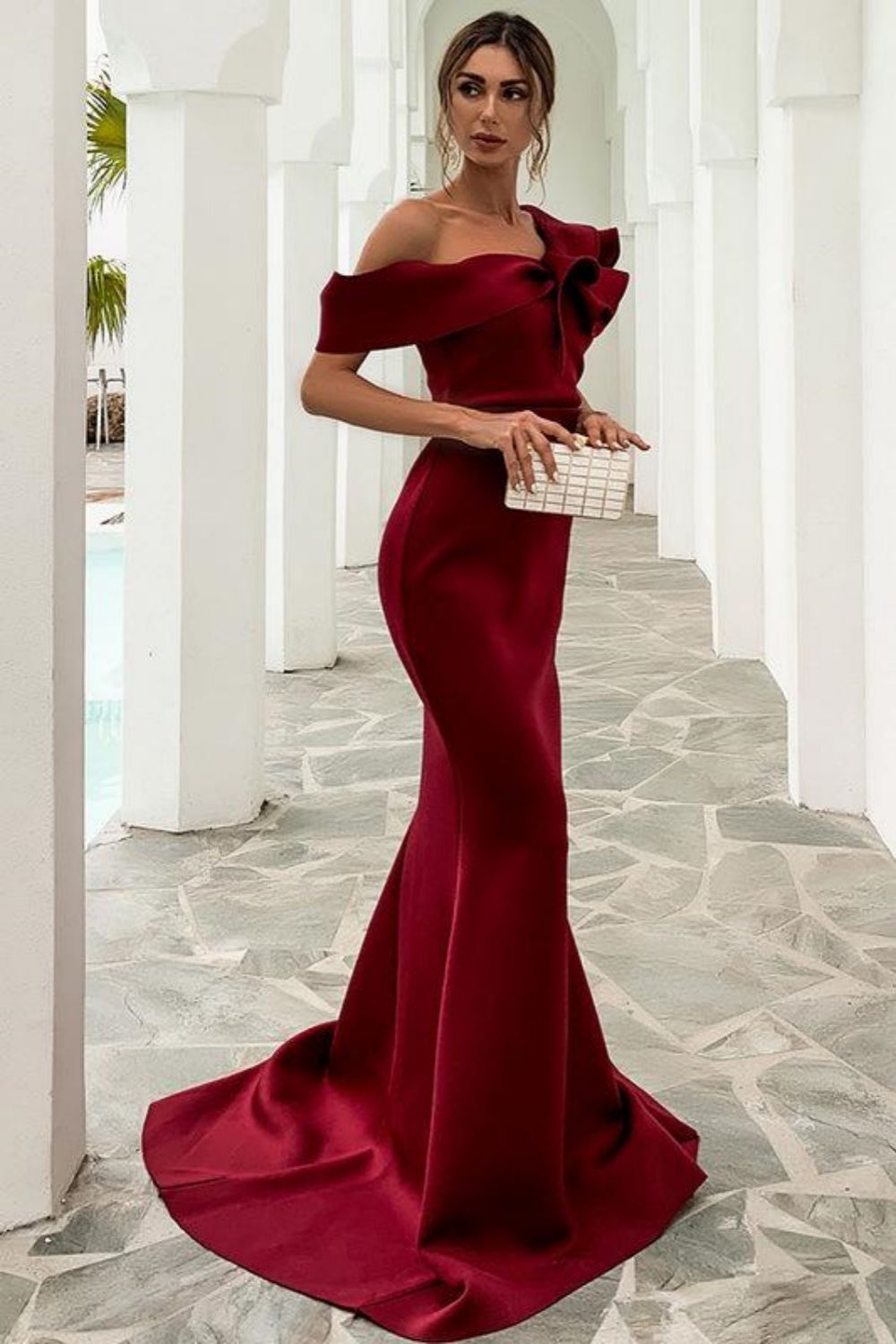 Weitese Slim Mermaid One Shoulder Sweep Train Prom Dress