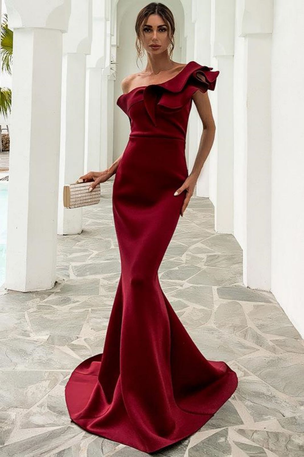 Weitese Slim Mermaid One Shoulder Sweep Train Prom Dress