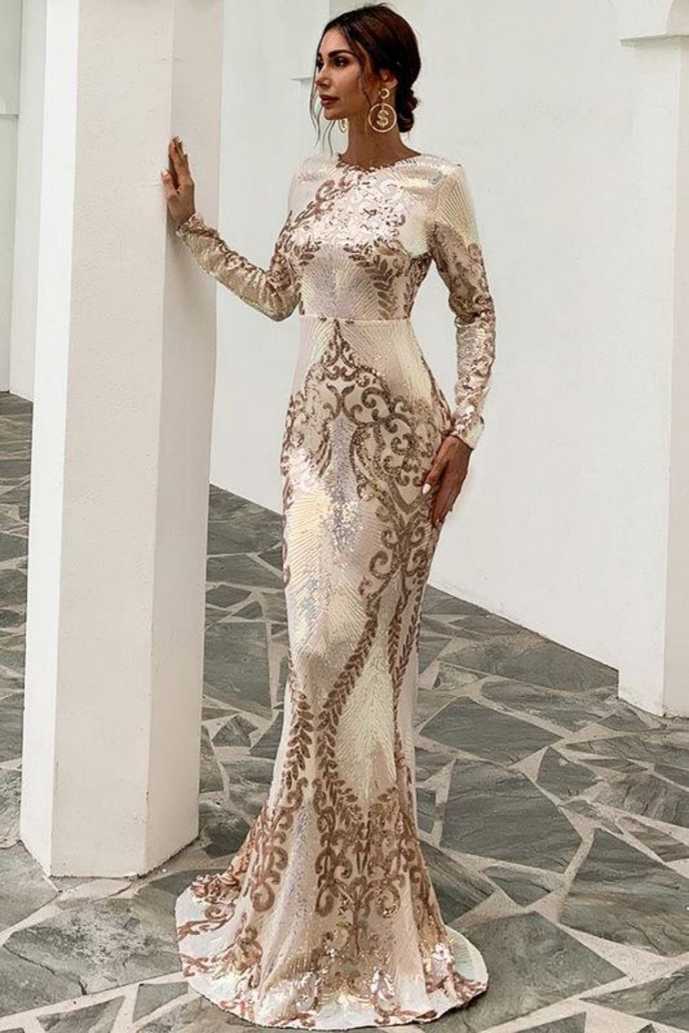 Weitese Mermaid Long Sleeves Prom Dress With Sequin Applique