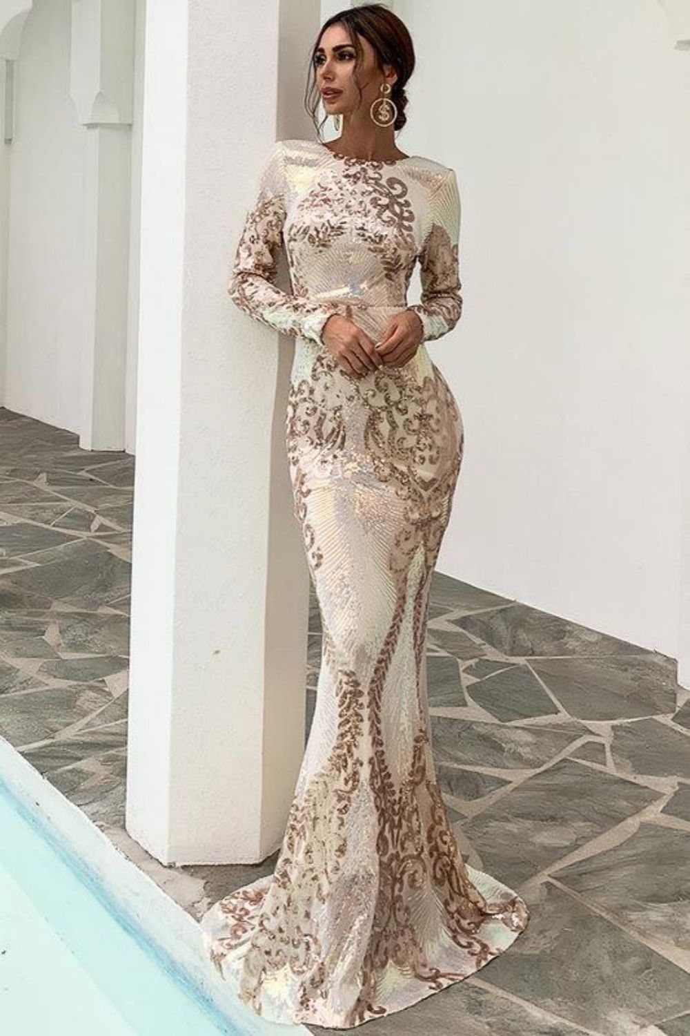 Weitese Mermaid Long Sleeves Prom Dress With Sequin Applique