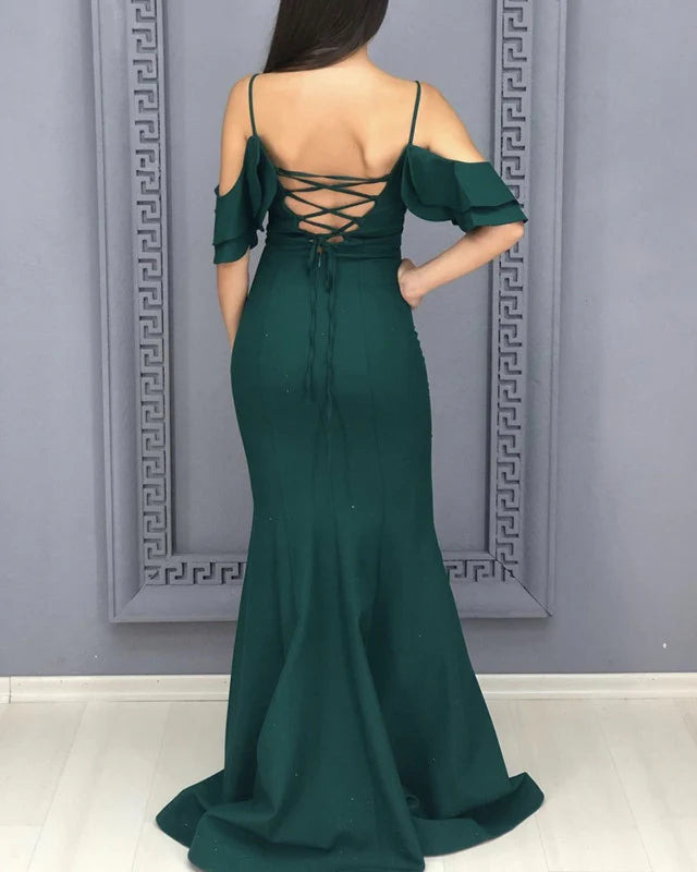 Vestidos de dama de honor de fiesta con hombros descubiertos, volantes y corte sirena con cordones