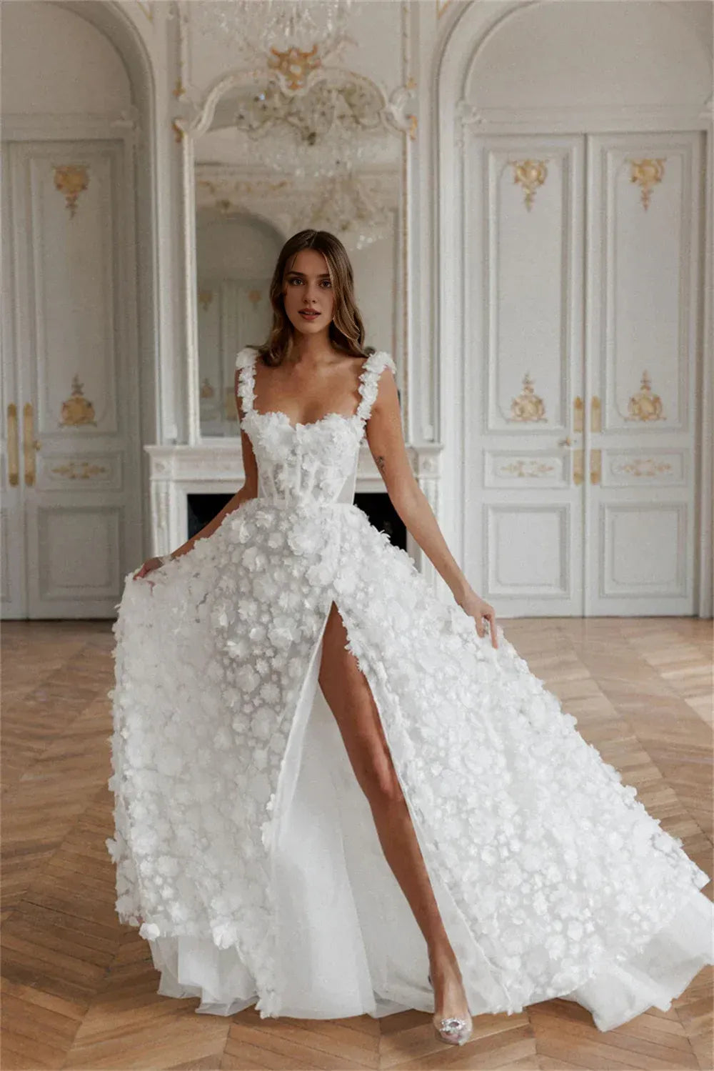 Weitese Formal Wear Dresses 3D Flower Lace-up Back Side High Split Evening Dress Wedding Dress Prom Dress Shops