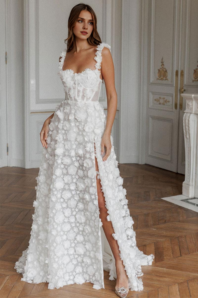 Weitese Formal Wear Dresses 3D Flower Lace-up Back Side High Split Evening Dress Wedding Dress Prom Dress Shops