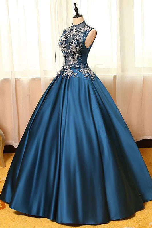 Robe de soirée longue en satin bleu paon pour femme, tenue de bal formelle, avec appliques en dentelle 