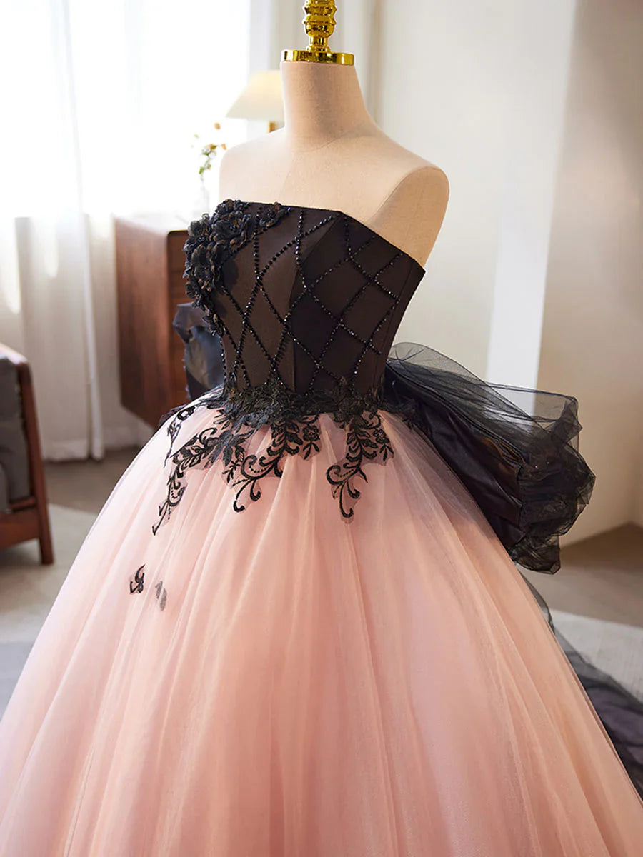 Robe de soirée longue rose en tulle et dentelle pour femme, coupe trapèze, avec appliques. Magasins de robes de soirée 