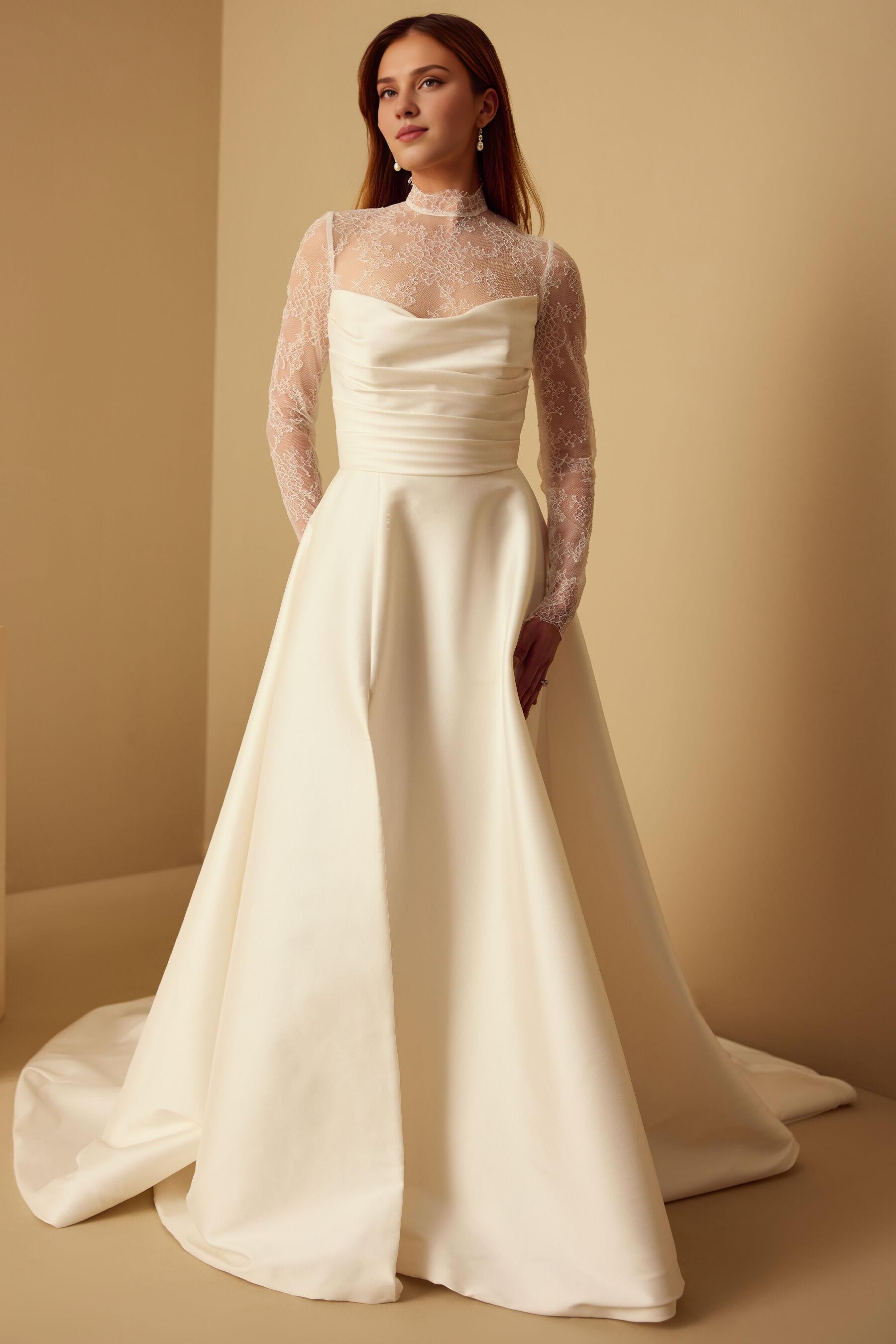 Weitese Formal Wear Dresses Long Sleeves Half Hight Neck Lace Bodysuit  A-line Floor Length Wedding Dress With Train